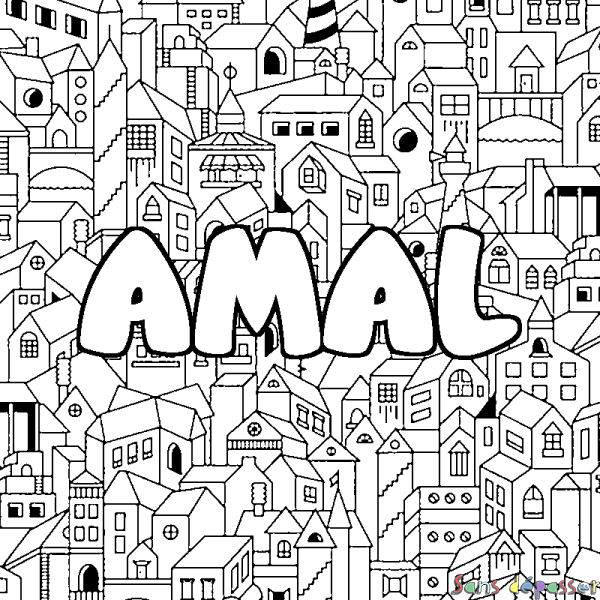 Coloriage prénom AMAL - d&eacute;cor Ville