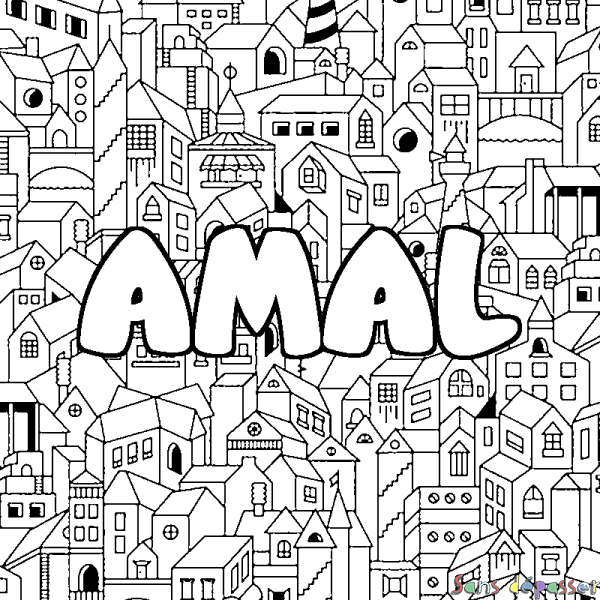Coloriage pr&eacute;nom AMAL - d&eacute;cor Ville