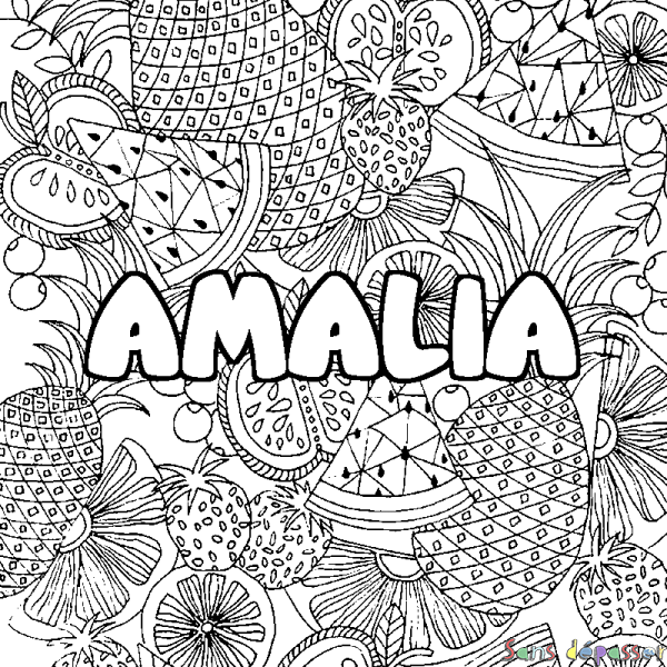 Coloriage prénom AMALIA - d&eacute;cor Mandala fruits