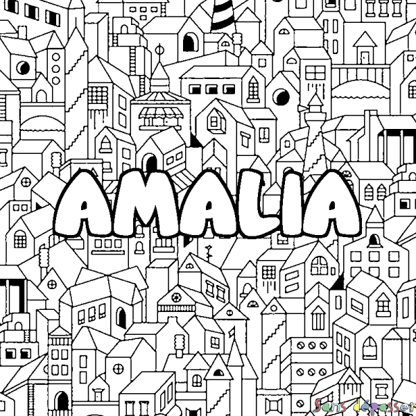 Coloriage prénom AMALIA - d&eacute;cor Ville