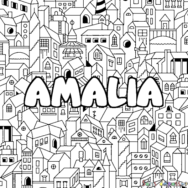 Coloriage pr&eacute;nom AMALIA - d&eacute;cor Ville