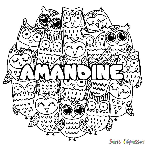 Coloriage pr&eacute;nom AMANDINE - d&eacute;cor Chouettes