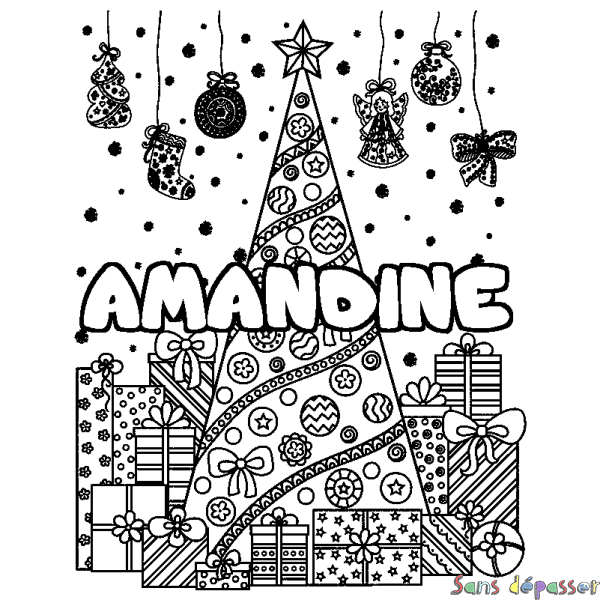 Coloriage pr&eacute;nom AMANDINE - d&eacute;cor Sapin et Cadeaux