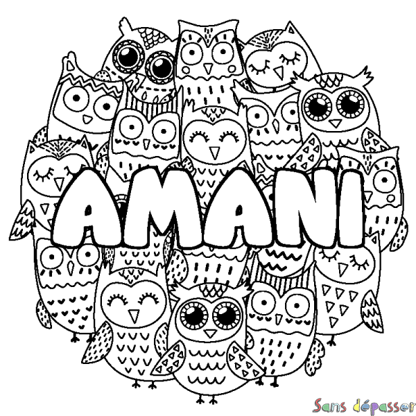 Coloriage pr&eacute;nom AMANI - d&eacute;cor Chouettes