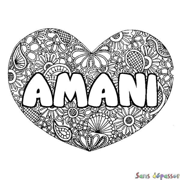 Coloriage prénom AMANI - d&eacute;cor Mandala coeur