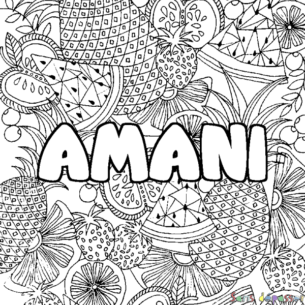 Coloriage prénom AMANI - d&eacute;cor Mandala fruits