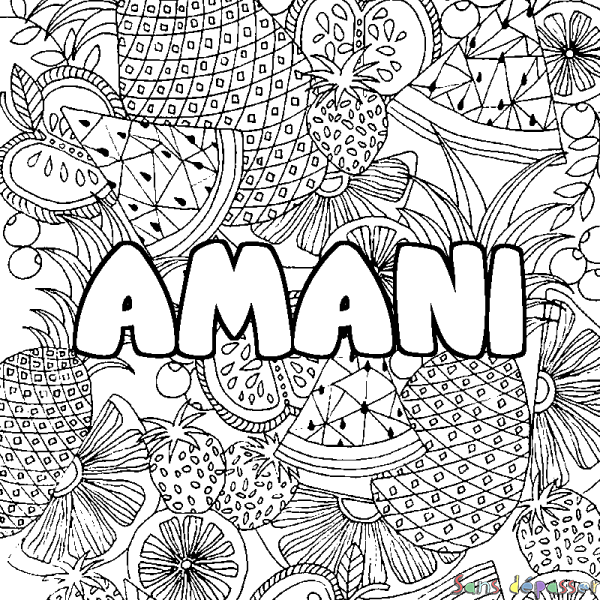 Coloriage pr&eacute;nom AMANI - d&eacute;cor Mandala fruits