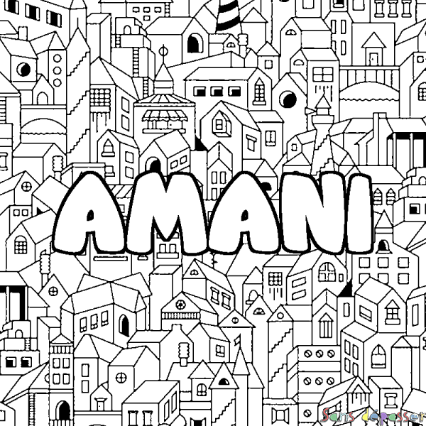 Coloriage pr&eacute;nom AMANI - d&eacute;cor Ville