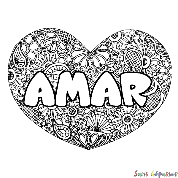Coloriage prénom AMAR - d&eacute;cor Mandala coeur