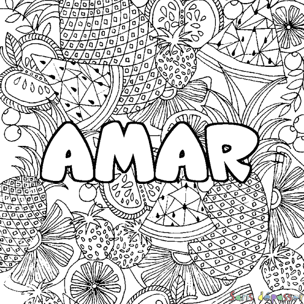 Coloriage prénom AMAR - d&eacute;cor Mandala fruits