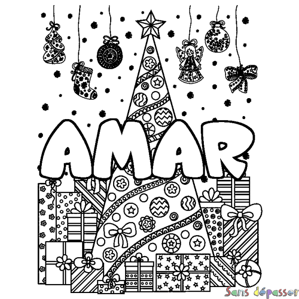 Coloriage prénom AMAR - d&eacute;cor Sapin et Cadeaux