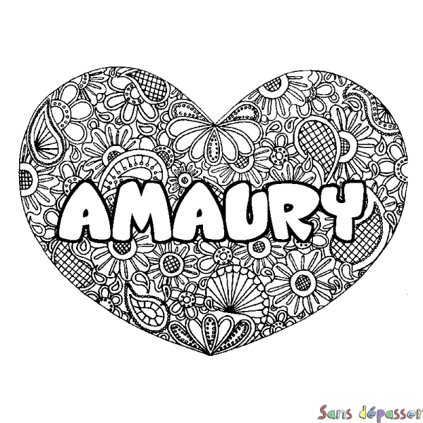 Coloriage prénom AMAURY - d&eacute;cor Mandala coeur