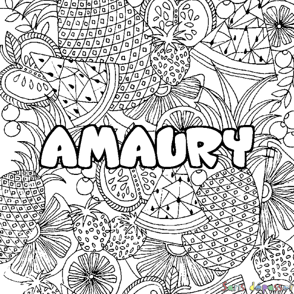 Coloriage pr&eacute;nom AMAURY - d&eacute;cor Mandala fruits