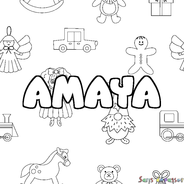 Coloriage pr&eacute;nom AMAYA - d&eacute;cor Jouets