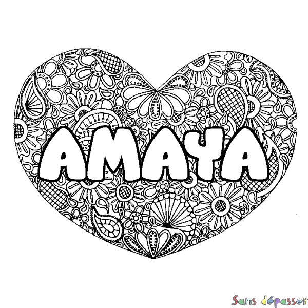 Coloriage prénom AMAYA - d&eacute;cor Mandala coeur