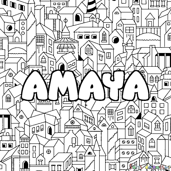Coloriage pr&eacute;nom AMAYA - d&eacute;cor Ville