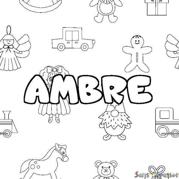 Coloriage pr&eacute;nom AMBRE - d&eacute;cor Jouets