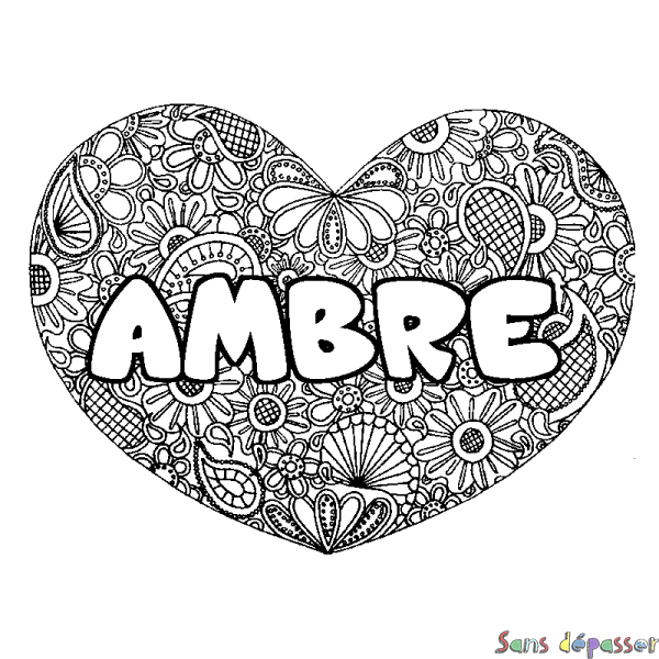 Coloriage pr&eacute;nom AMBRE - d&eacute;cor Mandala coeur