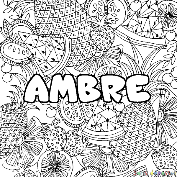 Coloriage pr&eacute;nom AMBRE - d&eacute;cor Mandala fruits