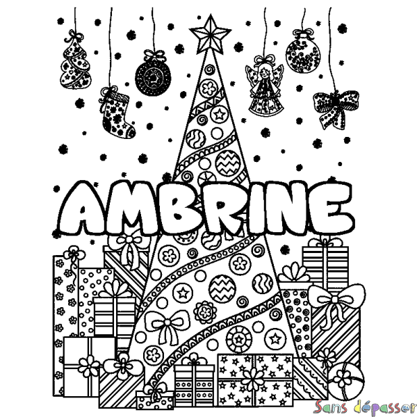 Coloriage prénom AMBRINE - d&eacute;cor Sapin et Cadeaux