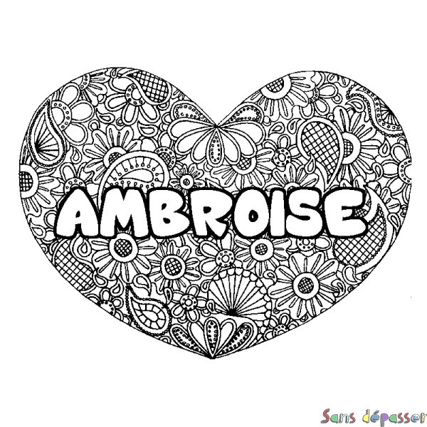 Coloriage prénom AMBROISE - d&eacute;cor Mandala coeur