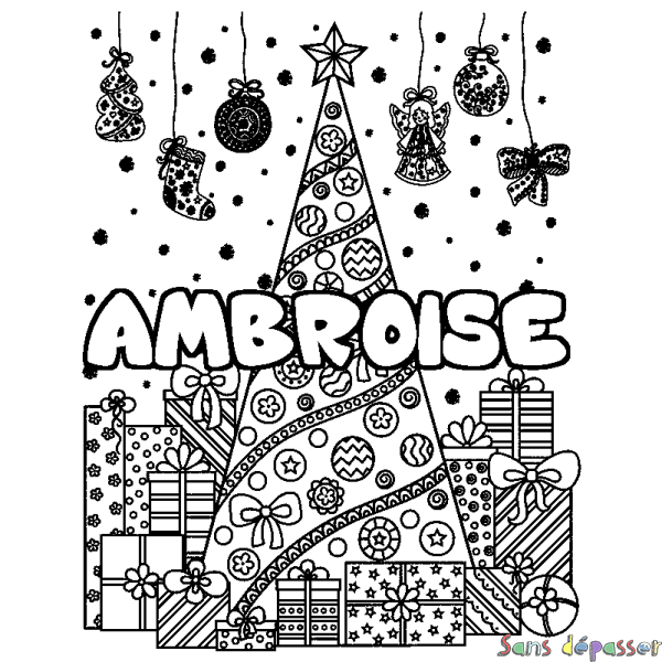 Coloriage prénom AMBROISE - d&eacute;cor Sapin et Cadeaux