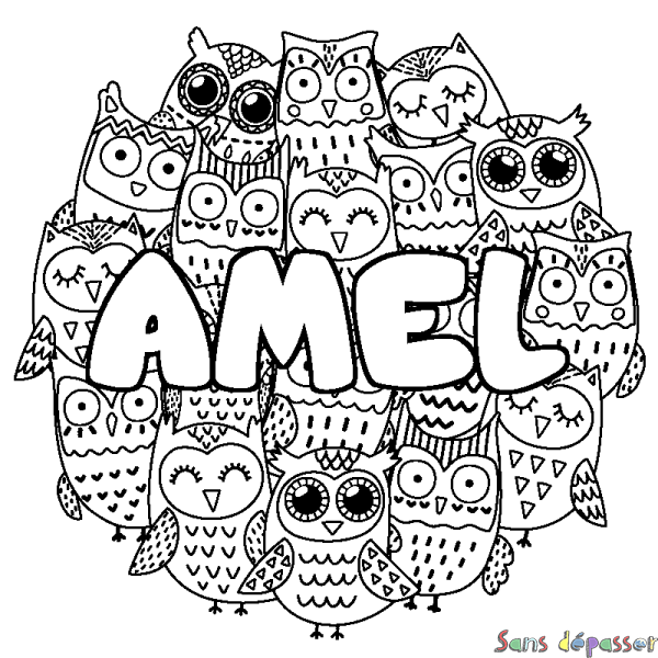 Coloriage pr&eacute;nom AMEL - d&eacute;cor Chouettes