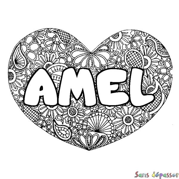 Coloriage prénom AMEL - d&eacute;cor Mandala coeur