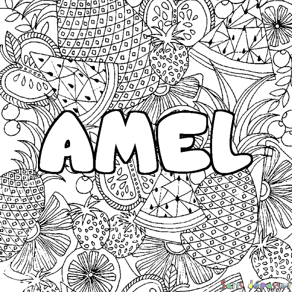 Coloriage pr&eacute;nom AMEL - d&eacute;cor Mandala fruits