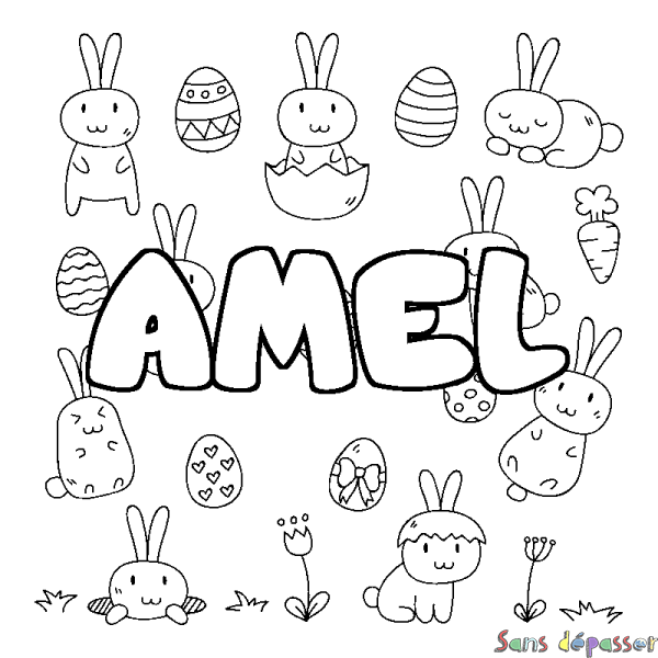 Coloriage pr&eacute;nom AMEL - d&eacute;cor Paques
