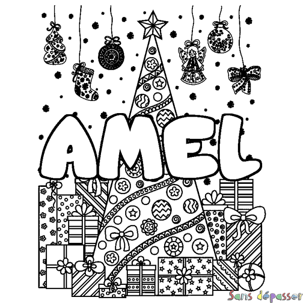 Coloriage pr&eacute;nom AMEL - d&eacute;cor Sapin et Cadeaux