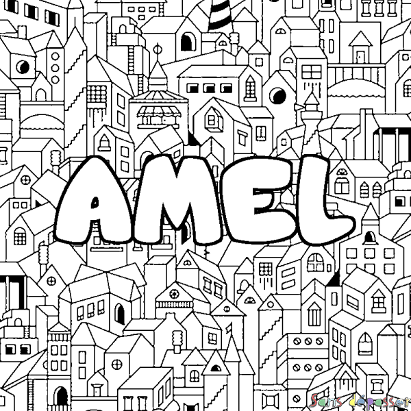Coloriage prénom AMEL - d&eacute;cor Ville