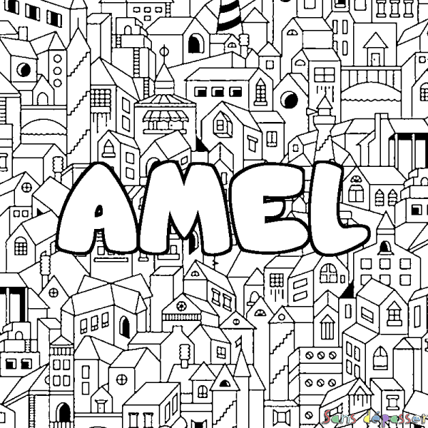 Coloriage pr&eacute;nom AMEL - d&eacute;cor Ville