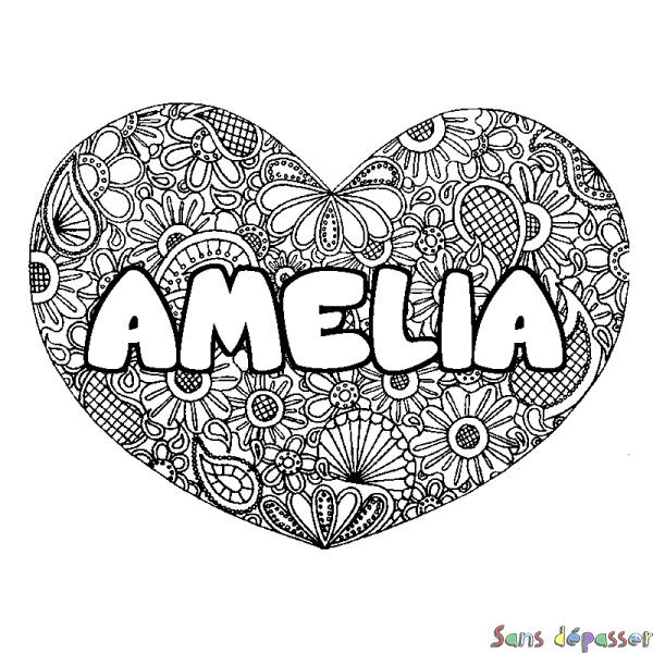 Coloriage prénom AMELIA - d&eacute;cor Mandala coeur