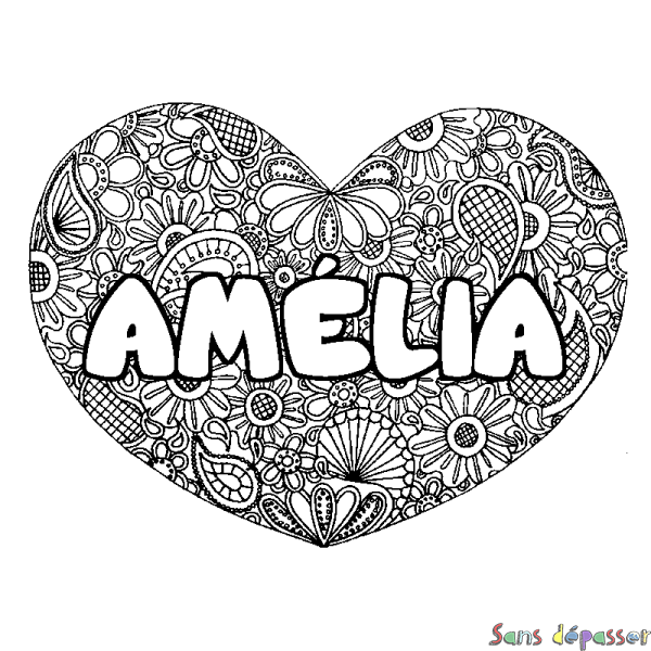 Coloriage pr&eacute;nom AM&Eacute;LIA - d&eacute;cor Mandala coeur