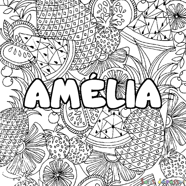 Coloriage pr&eacute;nom AM&Eacute;LIA - d&eacute;cor Mandala fruits
