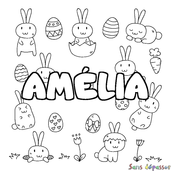 Coloriage pr&eacute;nom AM&Eacute;LIA - d&eacute;cor Paques
