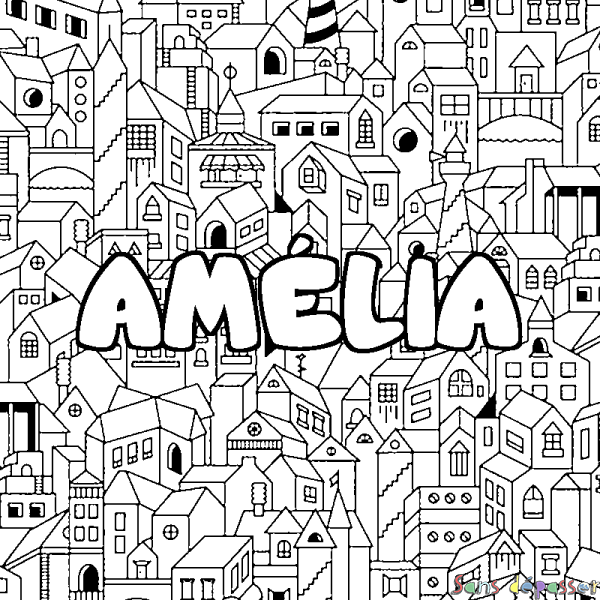 Coloriage pr&eacute;nom AM&Eacute;LIA - d&eacute;cor Ville