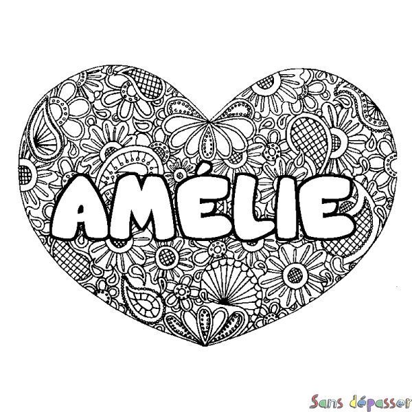 Coloriage pr&eacute;nom AM&Eacute;LIE - d&eacute;cor Mandala coeur