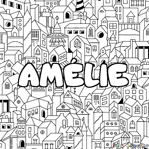 Coloriage pr&eacute;nom AM&Eacute;LIE - d&eacute;cor Ville