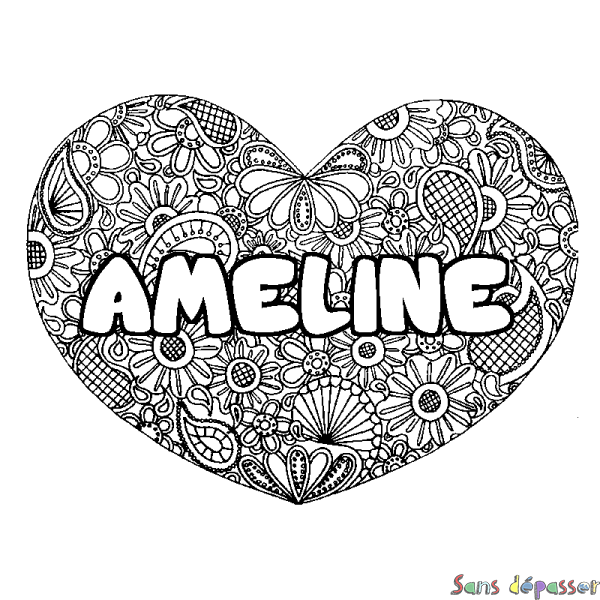 Coloriage pr&eacute;nom AMELINE - d&eacute;cor Mandala coeur