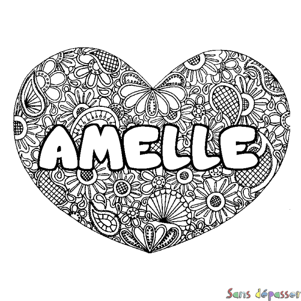 Coloriage pr&eacute;nom AMELLE - d&eacute;cor Mandala coeur