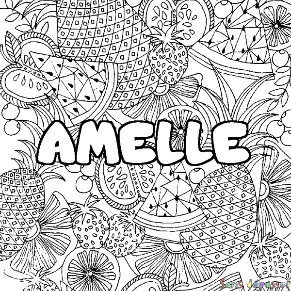 Coloriage pr&eacute;nom AMELLE - d&eacute;cor Mandala fruits