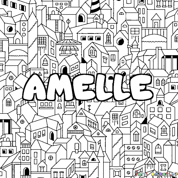 Coloriage prénom AMELLE - d&eacute;cor Ville