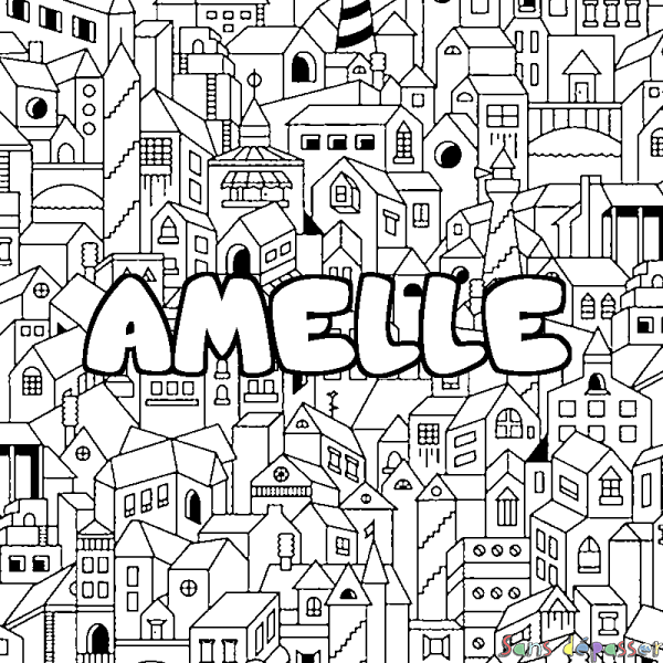Coloriage pr&eacute;nom AMELLE - d&eacute;cor Ville