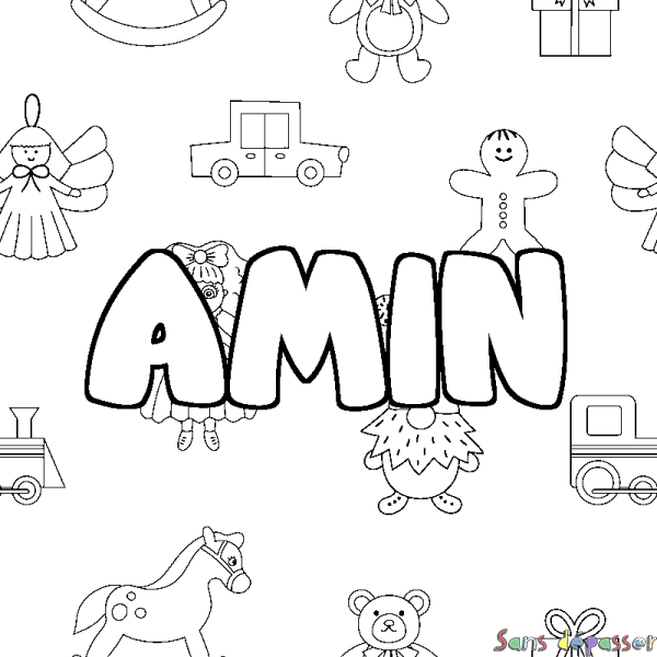 Coloriage pr&eacute;nom AMIN - d&eacute;cor Jouets