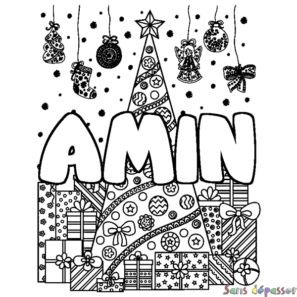 Coloriage prénom AMIN - d&eacute;cor Sapin et Cadeaux