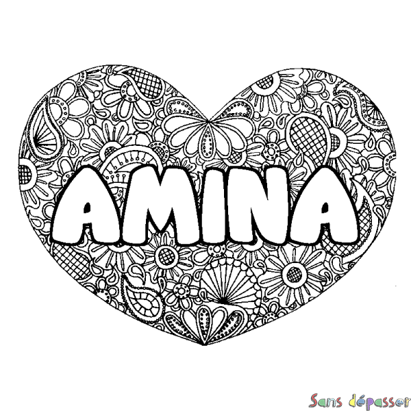 Coloriage prénom AMINA - d&eacute;cor Mandala coeur