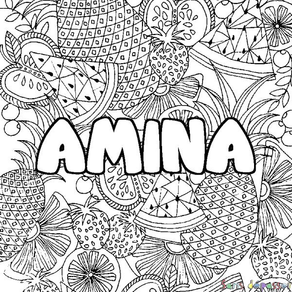 Coloriage prénom AMINA - d&eacute;cor Mandala fruits