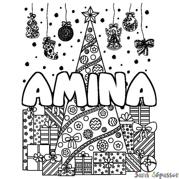 Coloriage prénom AMINA - d&eacute;cor Sapin et Cadeaux